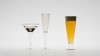 AIR A BOIRE. Conical glasses with a blown leg.<br />Dimensions : Coktail glass, diameter 110mm, height 165mm, Champagne flute, diameter 55mm, height 233,5mm and beer glass, diameter 75mm, height 215mm.<br /><br />Photographic credit: Xavier Nicostrate. - Laurence Brabant Alain Villechange